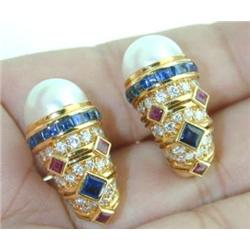 Bvlgari 18K Yellow Gold Pearl Sapphire Diamond Earrings