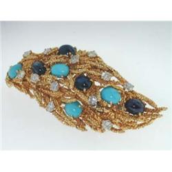 18k Yellow Gold Diamond , Sapphire, Turquoise Pin
