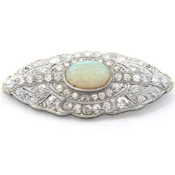 Antique Platinum Diamond Opal Pin