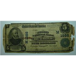 1902 National currency $5  Richmond IN 2nd National  about Good