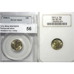 1945D Mercury dime NGC65FB and 1950S Roosevelt dime PCGS65