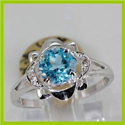 Genuine 1.63 ctw Blue Topaz  & Diamond Ring 14KT White Gold