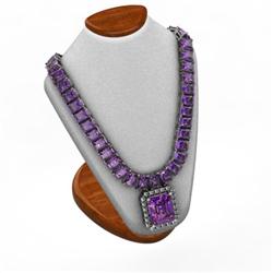 Genuine 50.14 ctw Amethyst & Diamond Necklace 14kt W/Y Gold 37g (Emerald Cut)