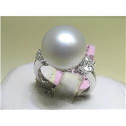 18K White Gold Pearl and Diamonds Ring, Size 7