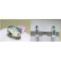 Emerald and Diamonds Ring Sz. 7 1/4 and Earrings Set