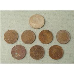 7 Different Indian Cents and 1 Liberty V Nickel Coin