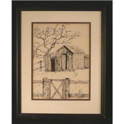 B.A. Rawn Original Ink Drawing Country Barn Framed
