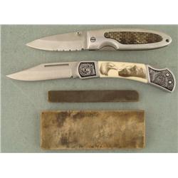 2 LARGE FOLDING KNIVES +2 SHARPENING STONES
