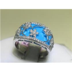 14K White Gold Turquoise & Diamonds Ring, Size 6.75