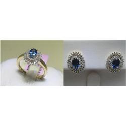 Blue Sapphire & Diamonds Ring Sz. 7 and Earrings Set