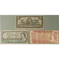 3 Diff Canada Paper Money 1, 2 Dollars 1937, 1954, 1974