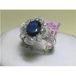 Oval Blue Sapphire & Diamond 14K White Gold Ring  6 1/2