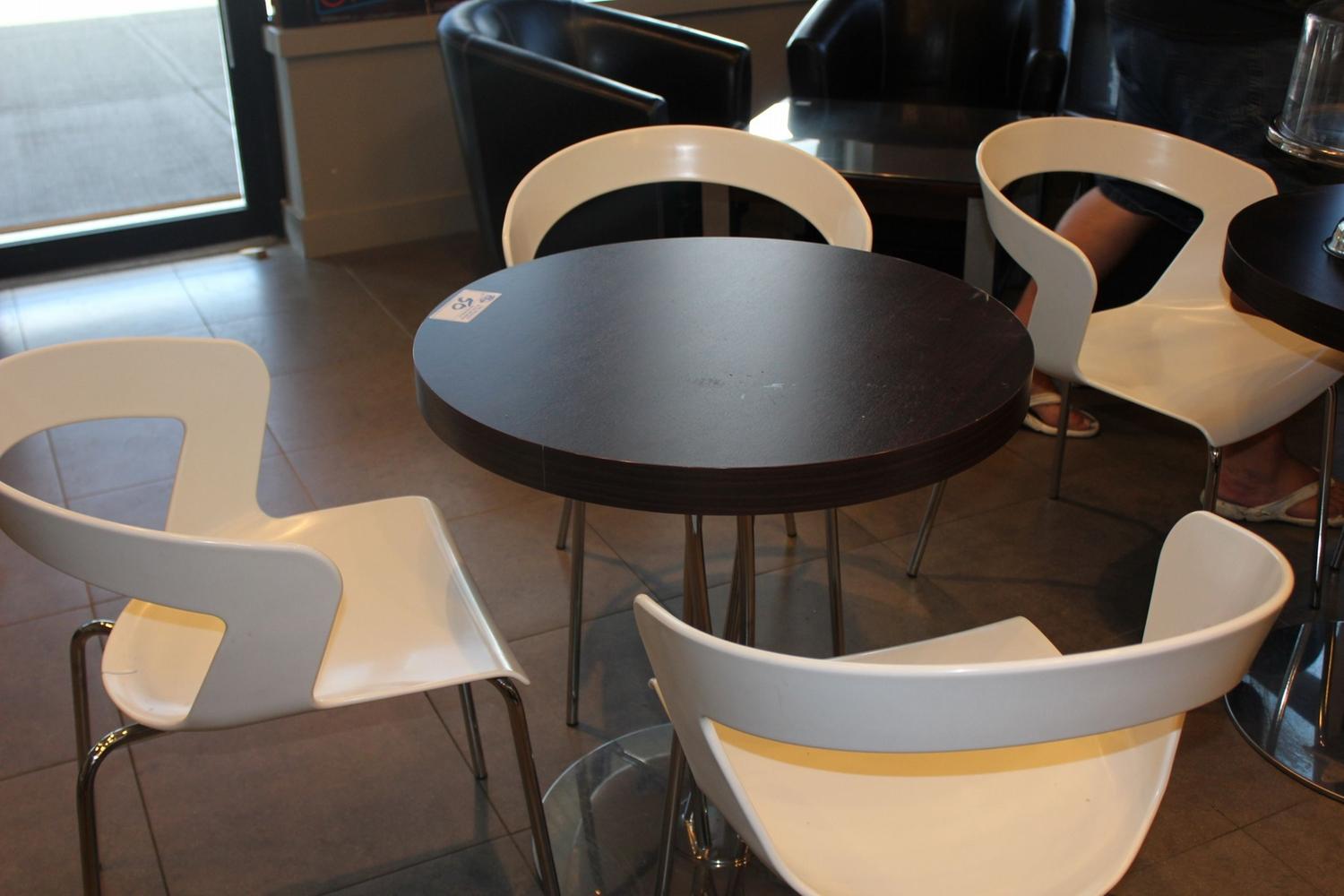 LOT OF CAFÉ FURNITURE INCLUDING 6 WOOD TOP TABLES AND 24 WHITE DESIGNER