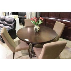 BROWN CIRCULAR DINING TABLE & 4 PATTERNED CHAIRS