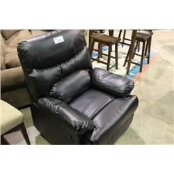 BLACK LEATHER OVERSTUFFED RECLINING EASY CHAIR
