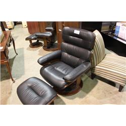 BLACK LEATHER SWIVEL RECLINING CHAIR WITH OTTOMAN