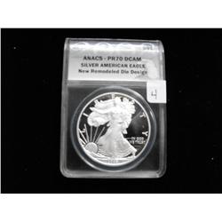PROOF PERFECT 70 SILVER EAGLE ANACS NEW DIE 2008 W