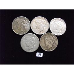 GROUP OF 5 SILVER PEACE DOLLARS $1