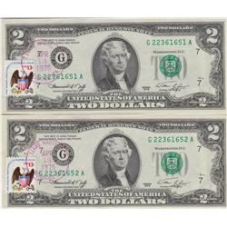 2 CONSECUTIVE $2 FIRST DAY ISSUE 1976 STAMPED FRN