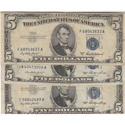 LOT OF 3 $5 SILVER CERTIFICATES 1953