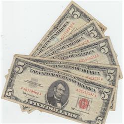 LOT OF 5 $5 1963 RED SEAL NOTES $25 FACE