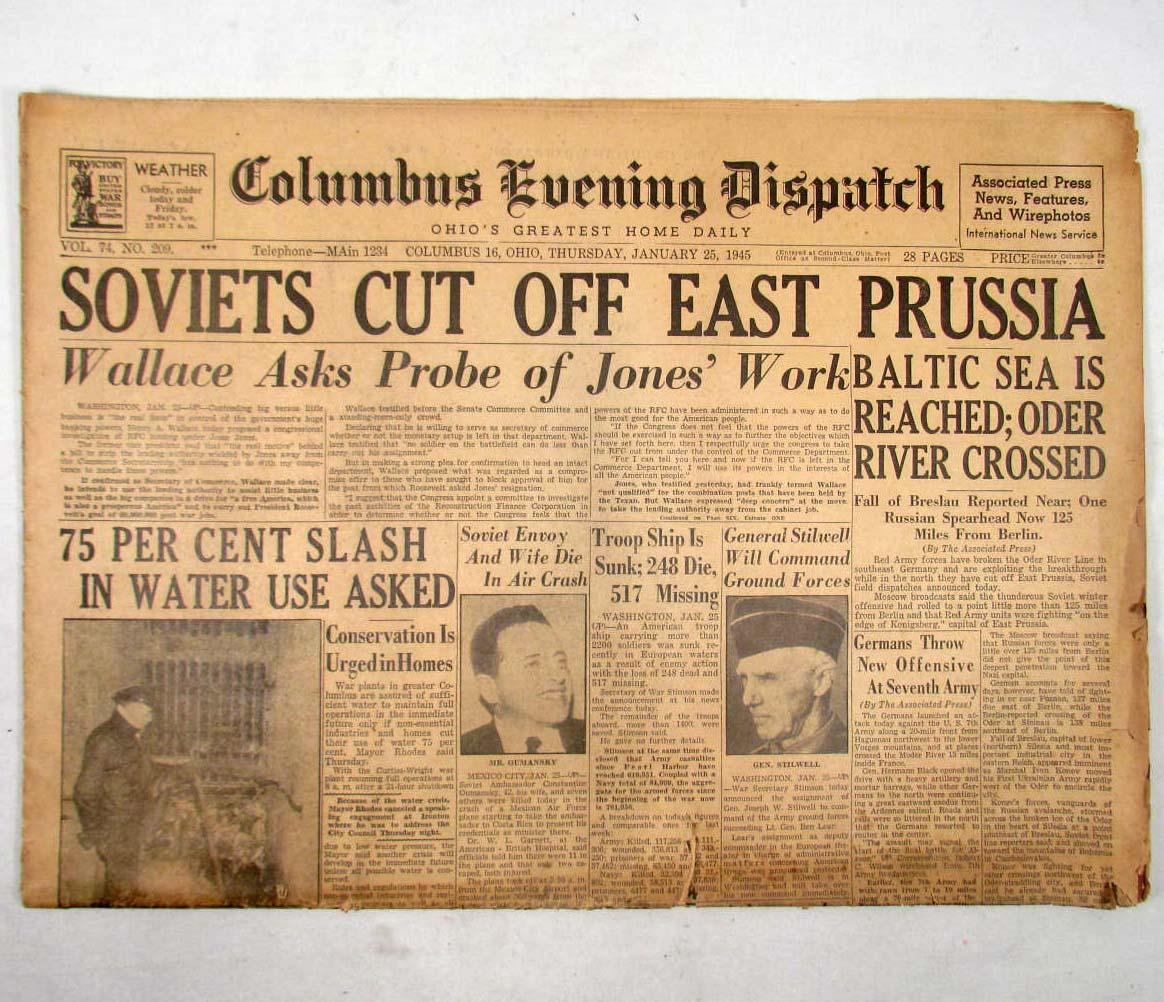 WW2 ERA 1/25/45 NEWSPAPER "COLUMBUS EVENING DISPATCH"