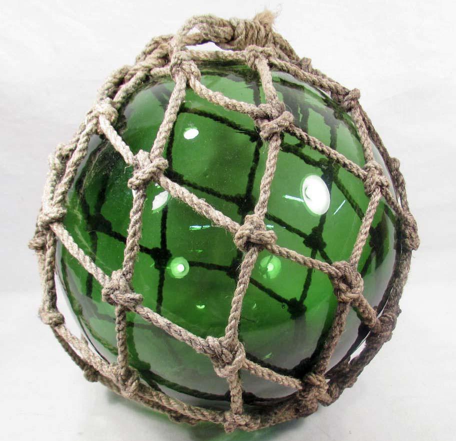 LARGE VINTAGE GREEN GLASS FISHING FLOAT W/ NETTING
