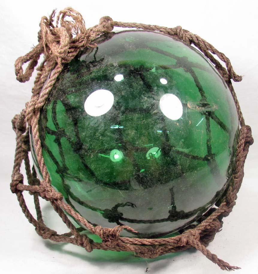 LARGE VINTAGE GREEN GLASS FISHING FLOAT W/ NETTING