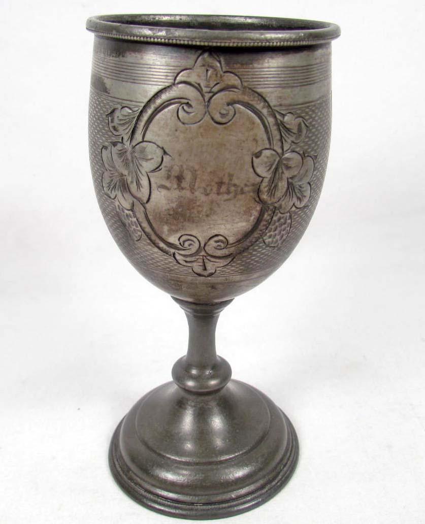LOT OF 2 VINTAGE ENGRAVED PEWTER GOBLETS