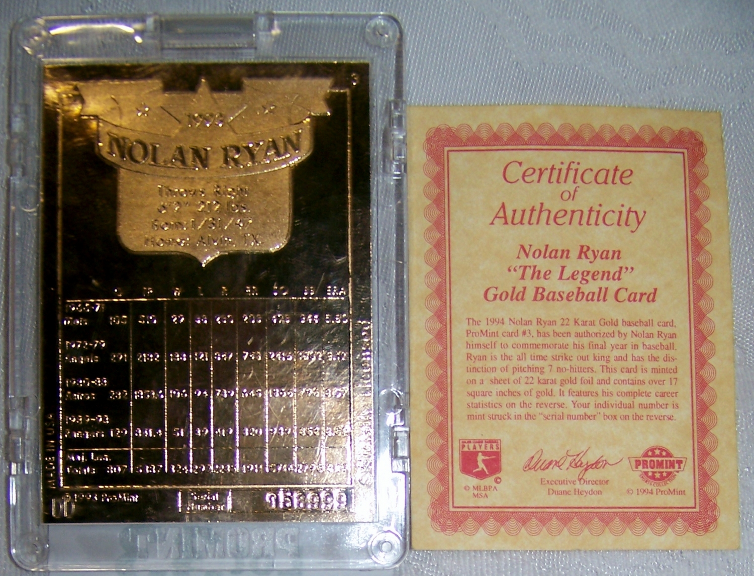 Nolan Ryan PROMINT 22K Gold Baseball card 1994 w/ COA