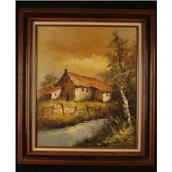 Original Painting Autumn Country House by a Stream Frmd