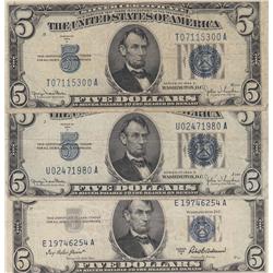 LOT OF 3 $5 SILVER CERTIFICATE 1934 & 1953