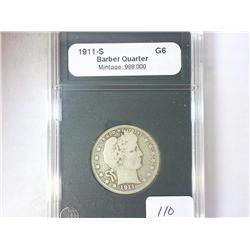 1911-S BARBER QUARTER COIN WORLD G6