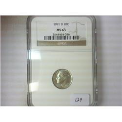1991-D ROOSEVELT DIME NGC MS63