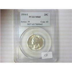 1954-S WASHINGTON SILVER QUARTER PCGS MS65