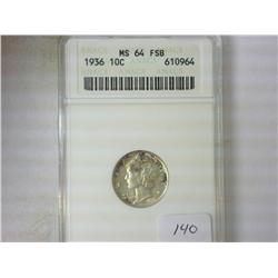 1936 MERCURY DIME ANACS MS64 FSB
