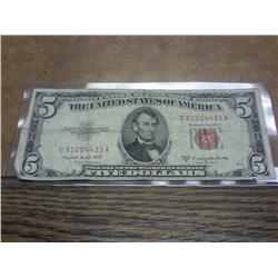 1953-B US $5 NOTE RED SEAL