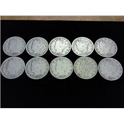 10 ASSORTED LIBERTY "V" NICKELS ALL (VERY GOODS)