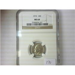1972 ROOSEVELT DIME NGC MS64
