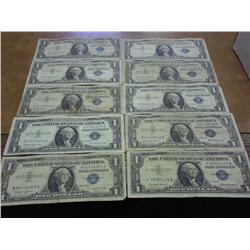 10 ASSORTED 1957 $1 SILVER CERTIFICATES