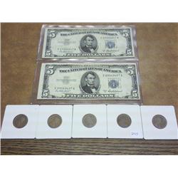 2-1953-A $5 SILVER CERTIFICATES & 5 LINCOLN CENTS