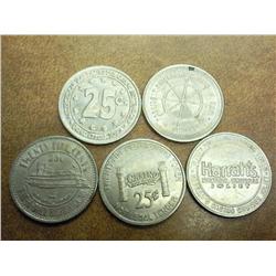 5-ASSORTED 25 CENT CASINO TOKENS