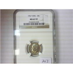 1967 SMS ROOSEVELT DIME NGC MS67 FT
