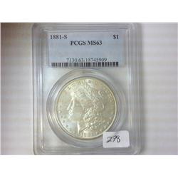 1881-S MORGAN SILVER DOLLAR PCGS MS63