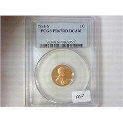 1991-S LINCOLN CENT PCGS PR67RD DCAM