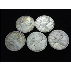 5-CANADA SILVER QUARTERS 1937,38,39,40 & 41
