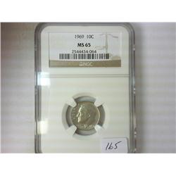 1969 ROOSEVELT DIME NGC MS65