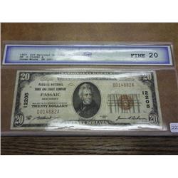1929 $20 NATIONAL CURRENCY PASSAIC BANK NEW JERSEY