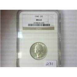 1940 WASHINGTON SILVER QUARTER NGC MS63