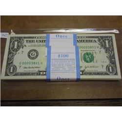 BRICK OF 100-2003-A LOW SERIAL # $1 FRN'S GEM CU